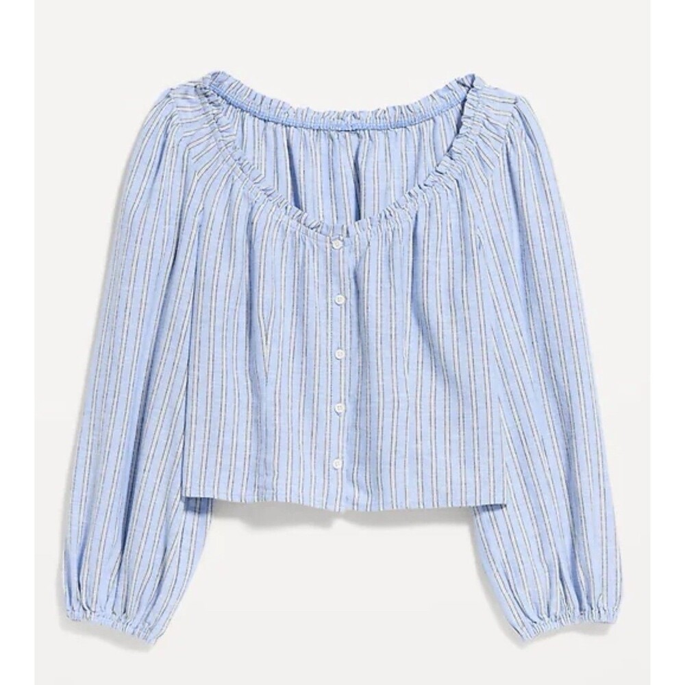 Old Navy Top Blue Stripe Linen Long Sleeve Button Down Minimalist Size XL NWT